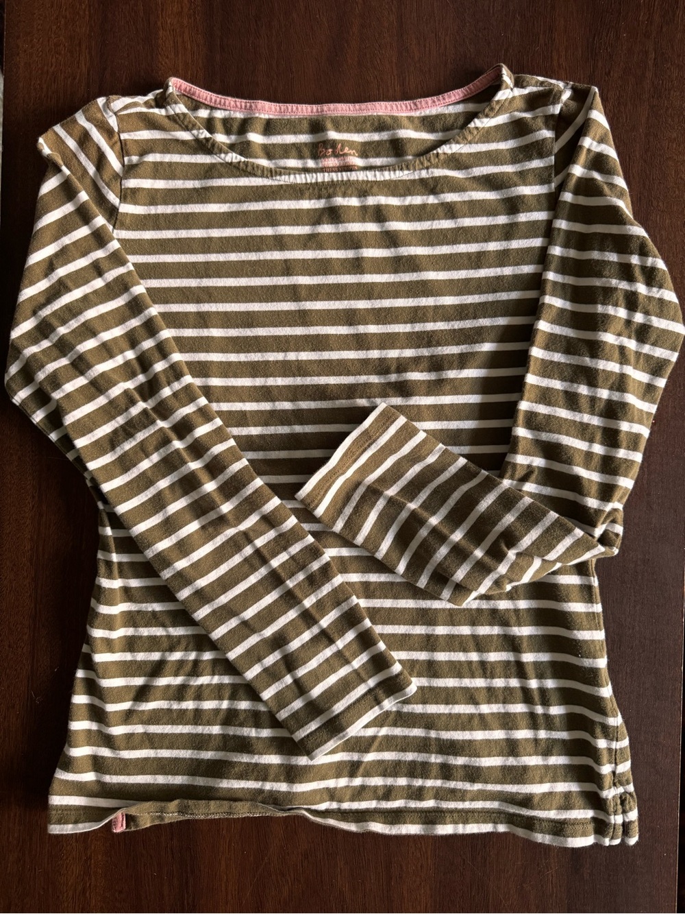 Boden Green & White Striped Long Sleeve Tee with Pink Trim